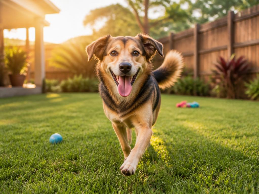 Cão feliz correndo em um quintal privativo cercado